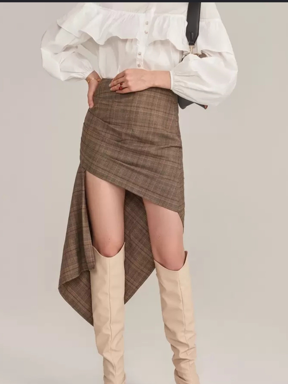 MOTF Brown Plaid Asymmetrical High-Low Skirt